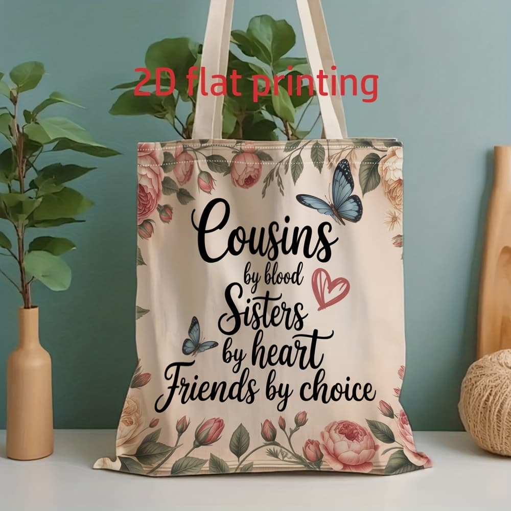 TEMU Men' Tote Bag - Unisex 2d Flat Print "cousins By By " Floral Pattern, Lightweight Durable, Reusable Shopping Bag, Ideal Gift For , Suitable For Birthday, New Year, Christmas, 2d Flat