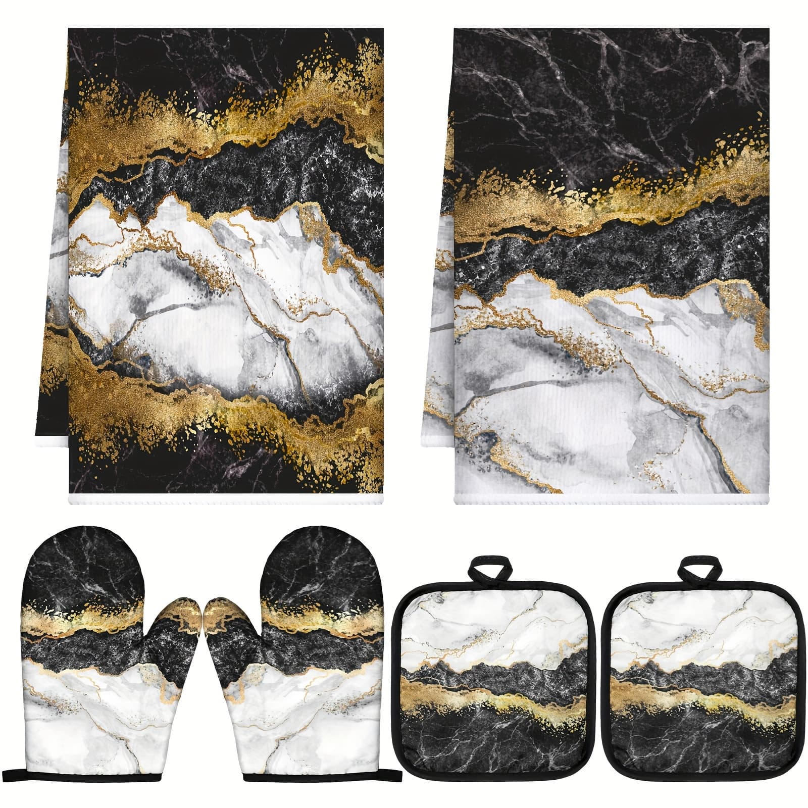 TEMU 6pcs Farmhouse Marble Kitchen Towels Oven Mitts Set 2 Dish Towels 2 2 Cooking Mittens Oven Glove For Cooking Baking Grilling Supply (black, Golden)