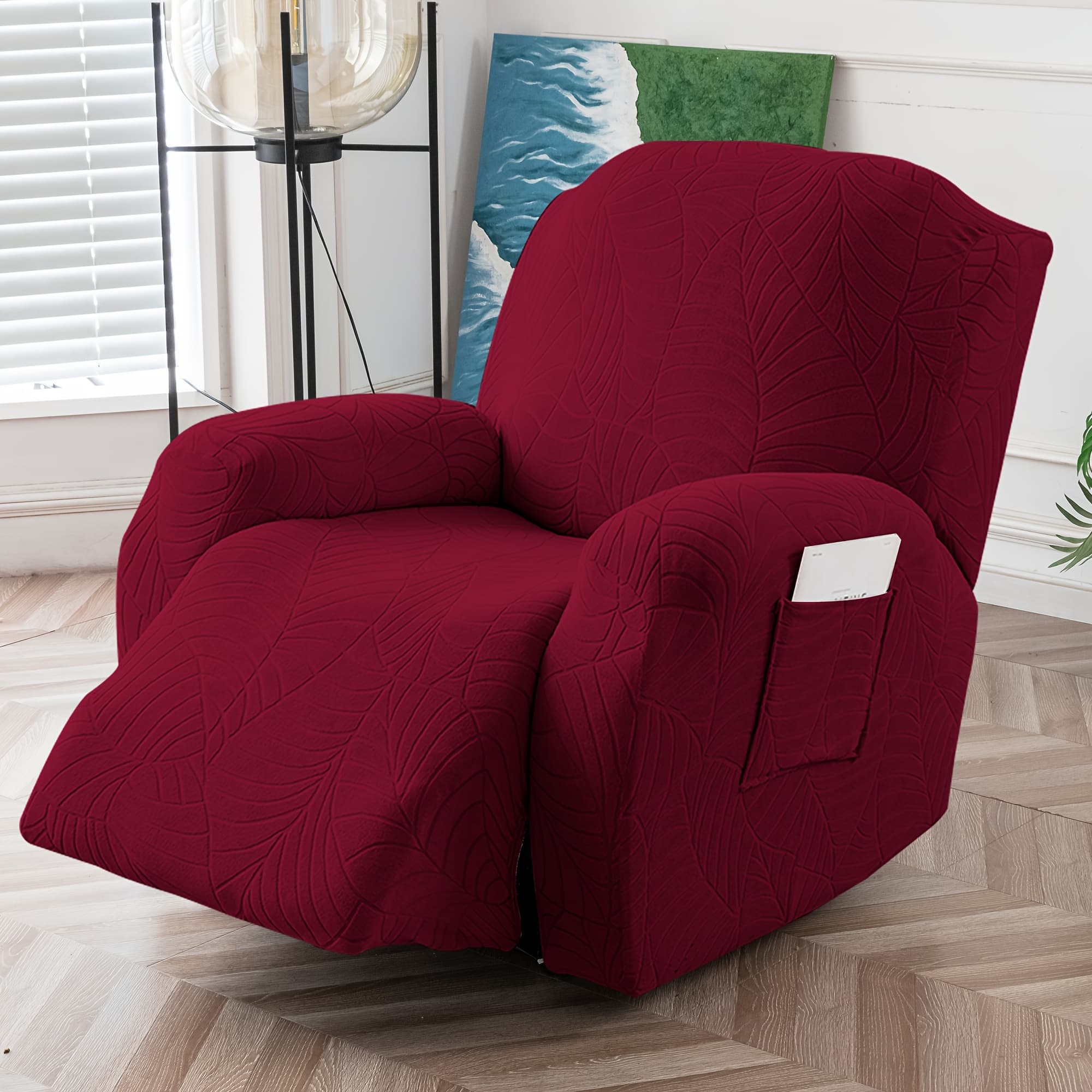 TEMU 4pcs/set High Quality Recliner Slipcovers Leaf Jacquard Recliner Chair Covers Stretch Furniture Protector With Storage Pocket For Living Room Decor