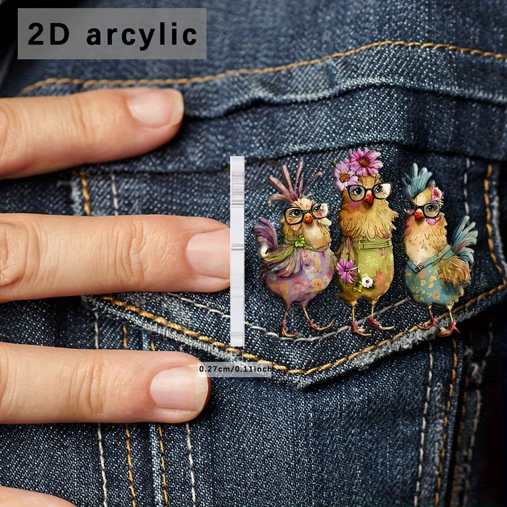 TEMU 2d Flat, 2d Plane, [2d Plane] Acrylic Three-glasses Chicken Art Design Printed Retro Women's Clothing Brooch, Spring And Summer Exquisite Sweater Additions, Friend Gifts, Easter Gifts