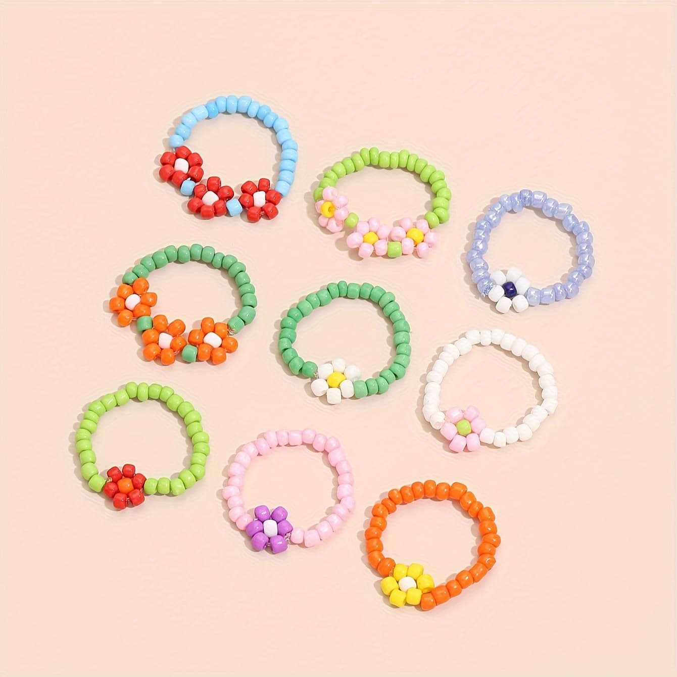 TEMU Set Of 9 Stacking Rings, Colorful Bohemian Handmade Beaded Woven Flower Stacking Rings, A Gift For Women's Beach Vacation Jewelry