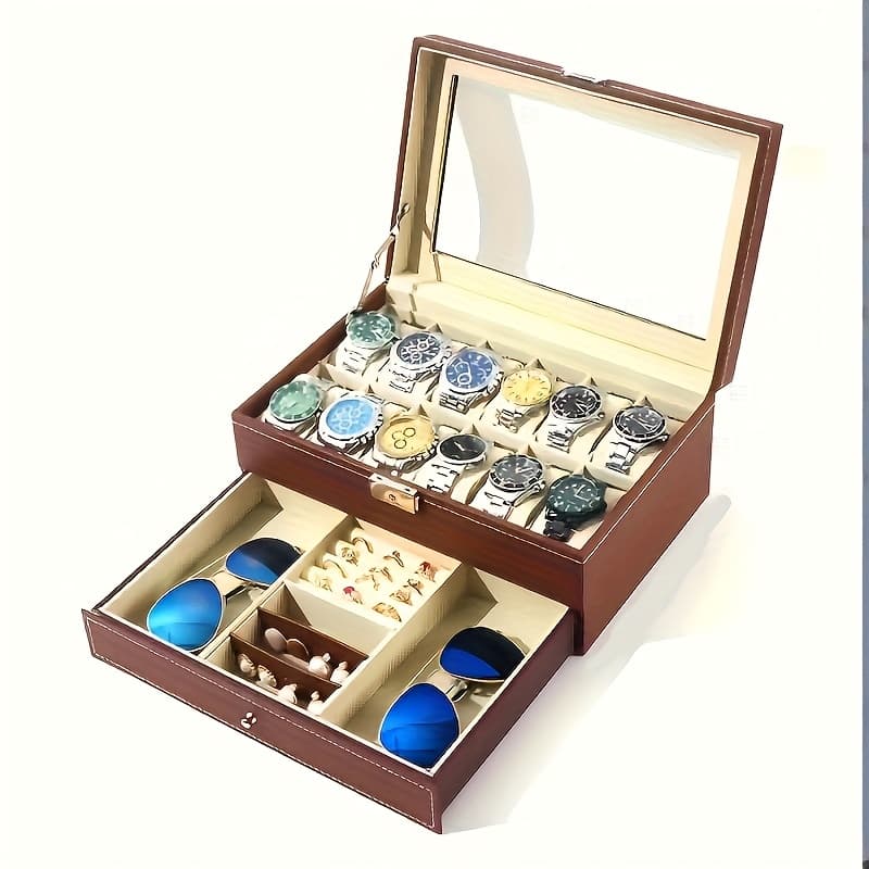 TEMU Kyphirel - Men's Watch Box, 12-slot Men's Watch Box With Drawer, Watch Display Box With Glass Lid, 2-layer Watch Organizer, Gift For Valentine's Day, , Christmas, Halloween, Thanksgiving