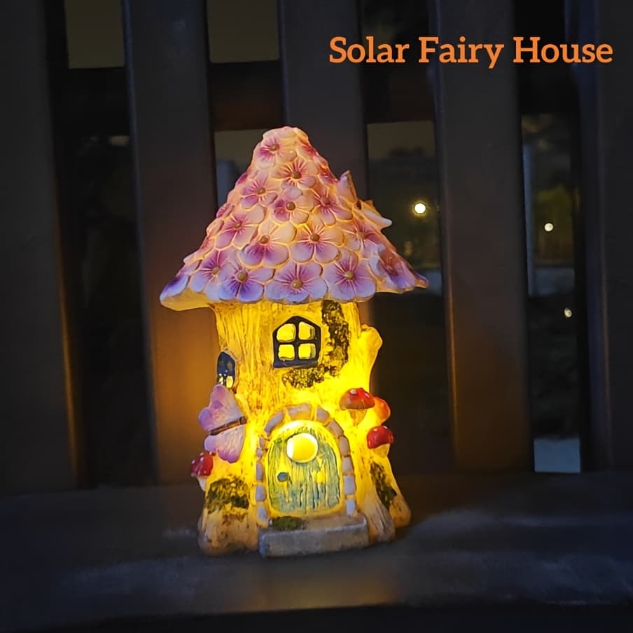 TEMU Solar Mushroom House Garden Statue With Purple Flowers And Decor, Solar Powered Led Fairy Light For Outdoor Patio Yard Lawn Decor