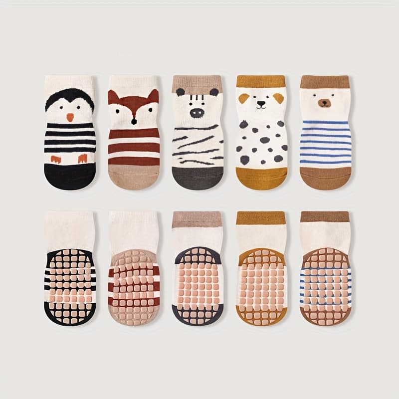 TEMU 5-pack Kids' Cartoon Animal Fox Penguin Pattern Non-slip Socks For Boys And Girls, Toddler Floor Socks