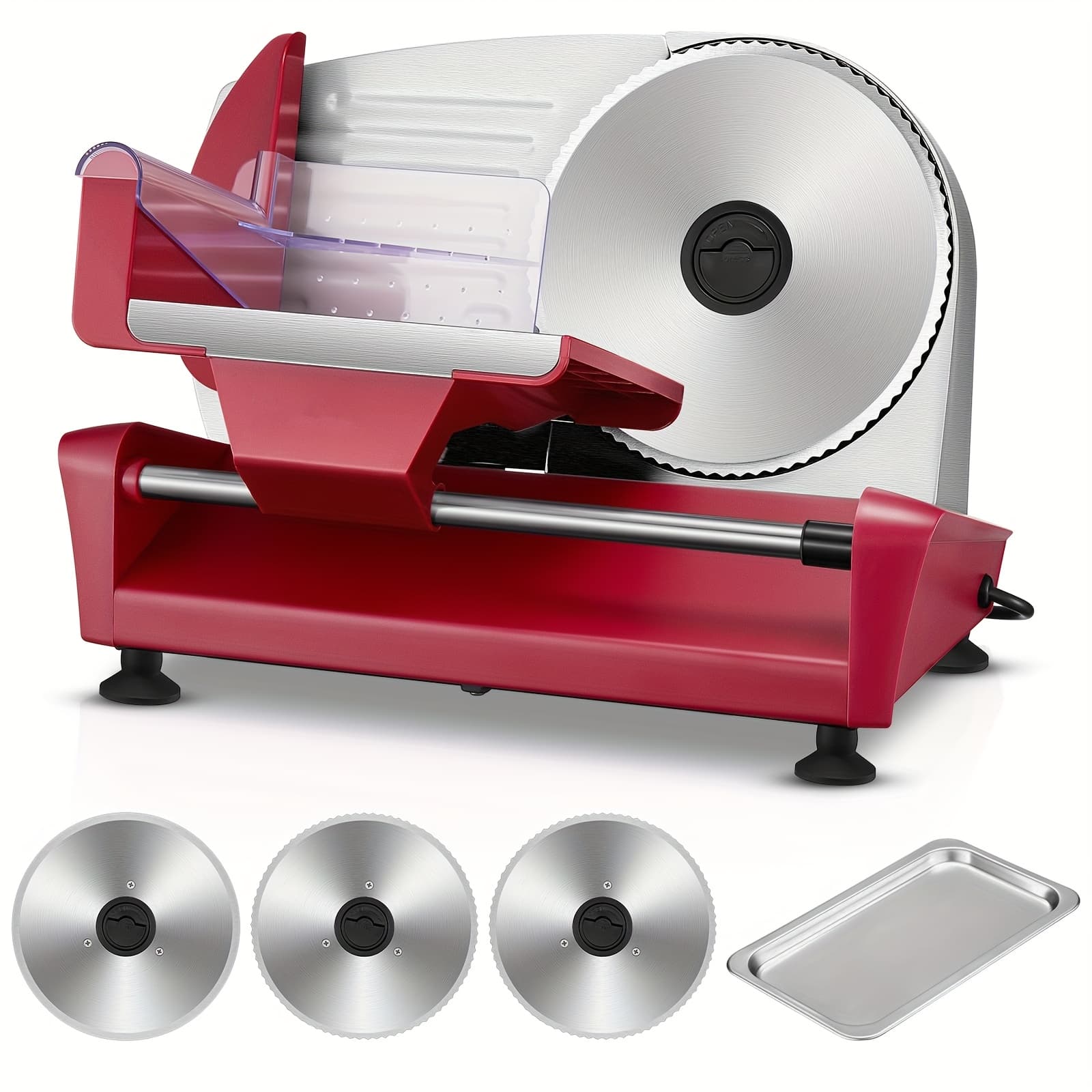TEMU Meat Slicer, 250w Electric Food Slicer With 3 Removable 7.5'' Stainless Steel And Stainless Steel Tray, Adjustable Thickness For Meat Cheese Bread, Easy Clean, Child Lock Protection, Red