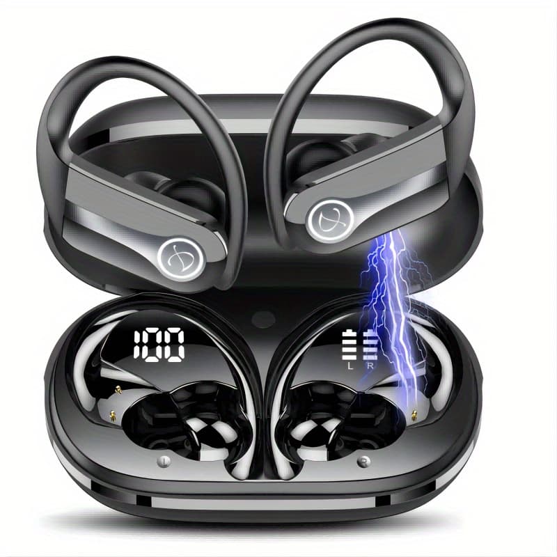 TEMU Wireless Earbuds, Wireless 5.3 Headphones 50h Playtime Sports Earphones Over-ear Earhooks Headset With Led Display, Enc Mic, Running, Gym, Black (2025 New)