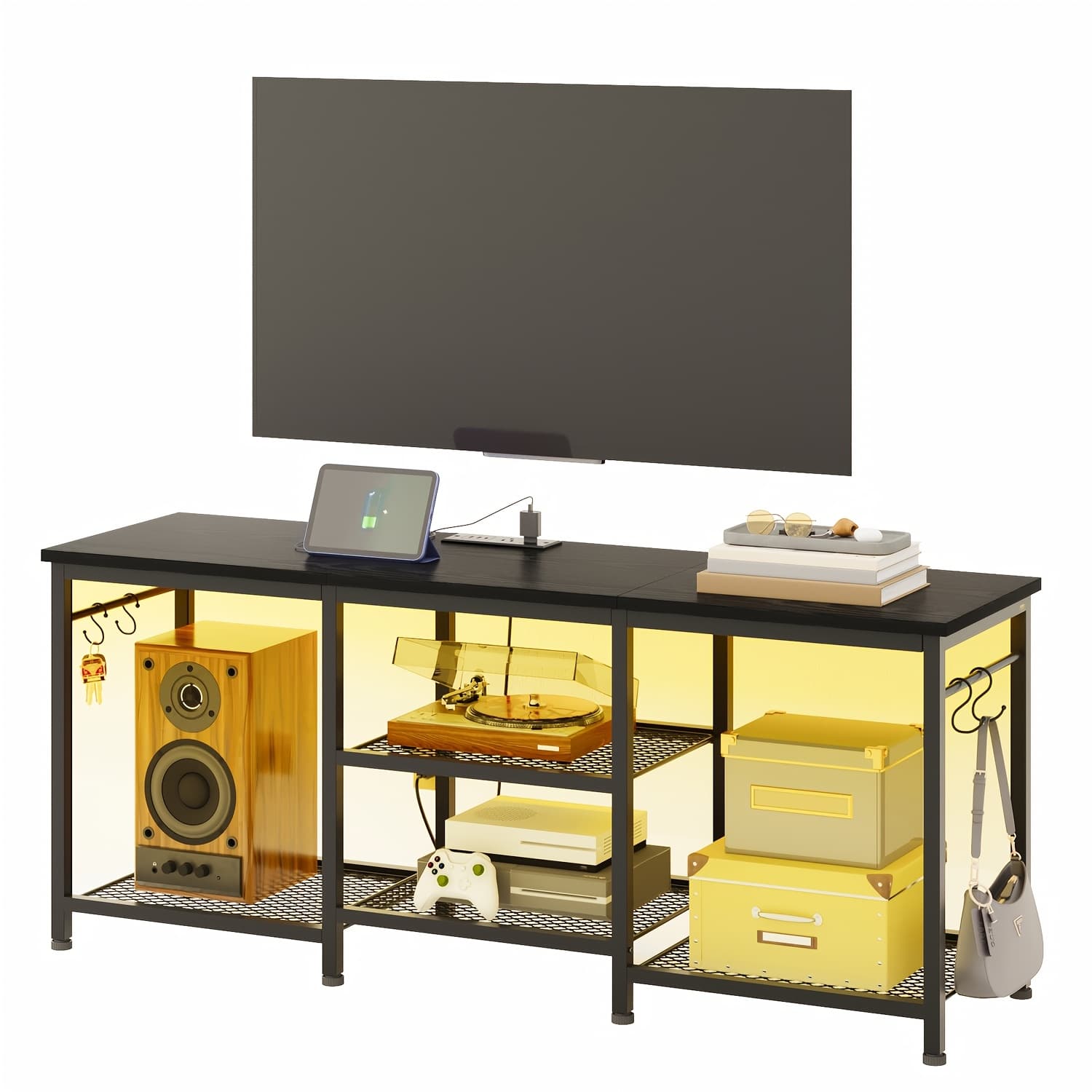 TEMU Tv Stand With Charging Station, Stand With Led Lights, Storage Cabinet With 4-tier Open Storage Shelves, Tv Stand For Tvs Up To 55in, For Living Room, Bedroom And Game Room, Easy To Assemble