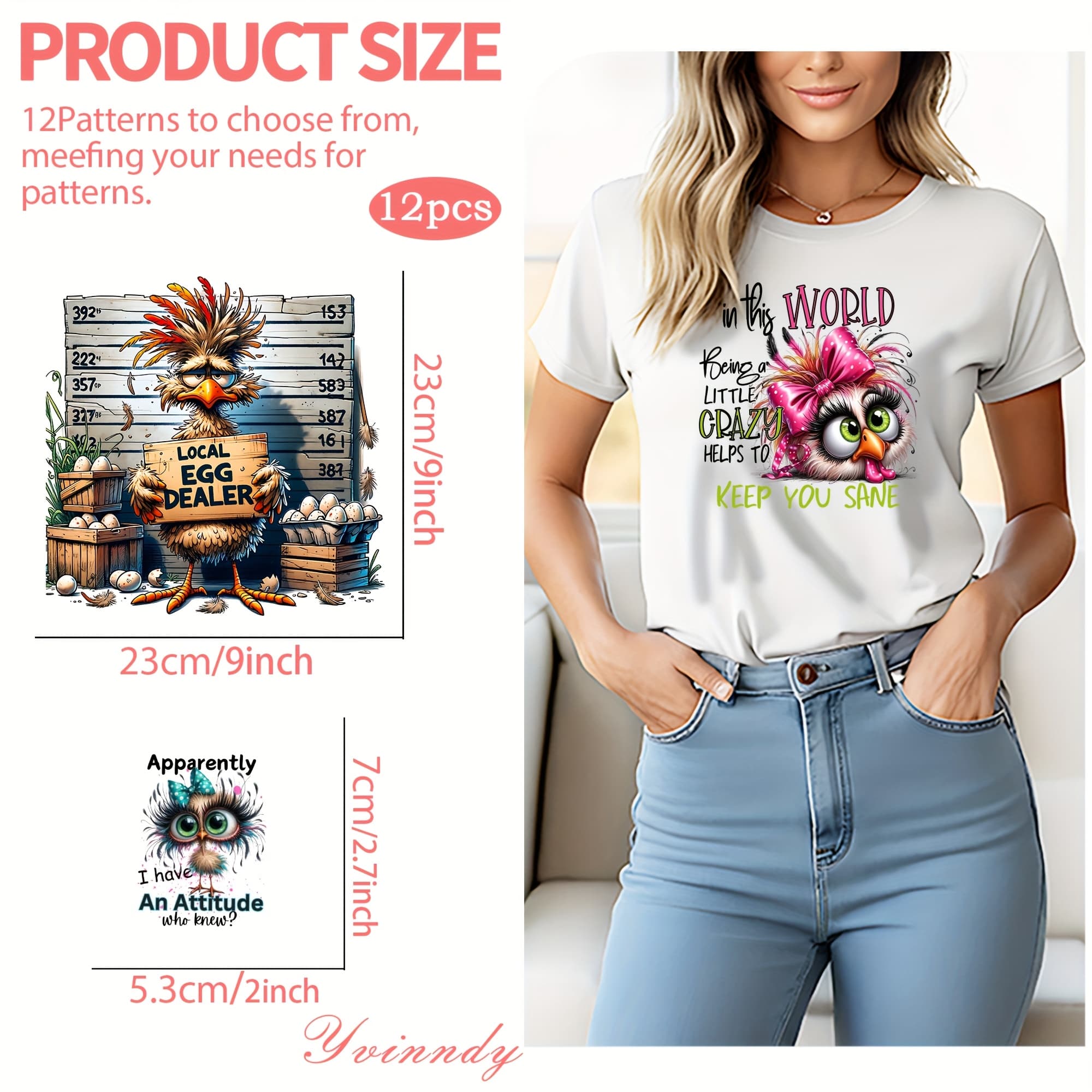 TEMU 12pcs/set A Colorful And Self- Chicken Picture Thermal Heat Transfer Sticker Washable T-shirt Iron On Patches Reality High Definition Printing Effect Stickers Cloth Bag Decor