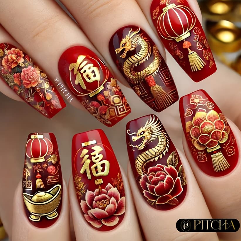 TEMU 24pcs Of Medium Ballet-style Fake Nails, Featuring With , Flying Red Lanterns, And Floral . Stickers Are Removable