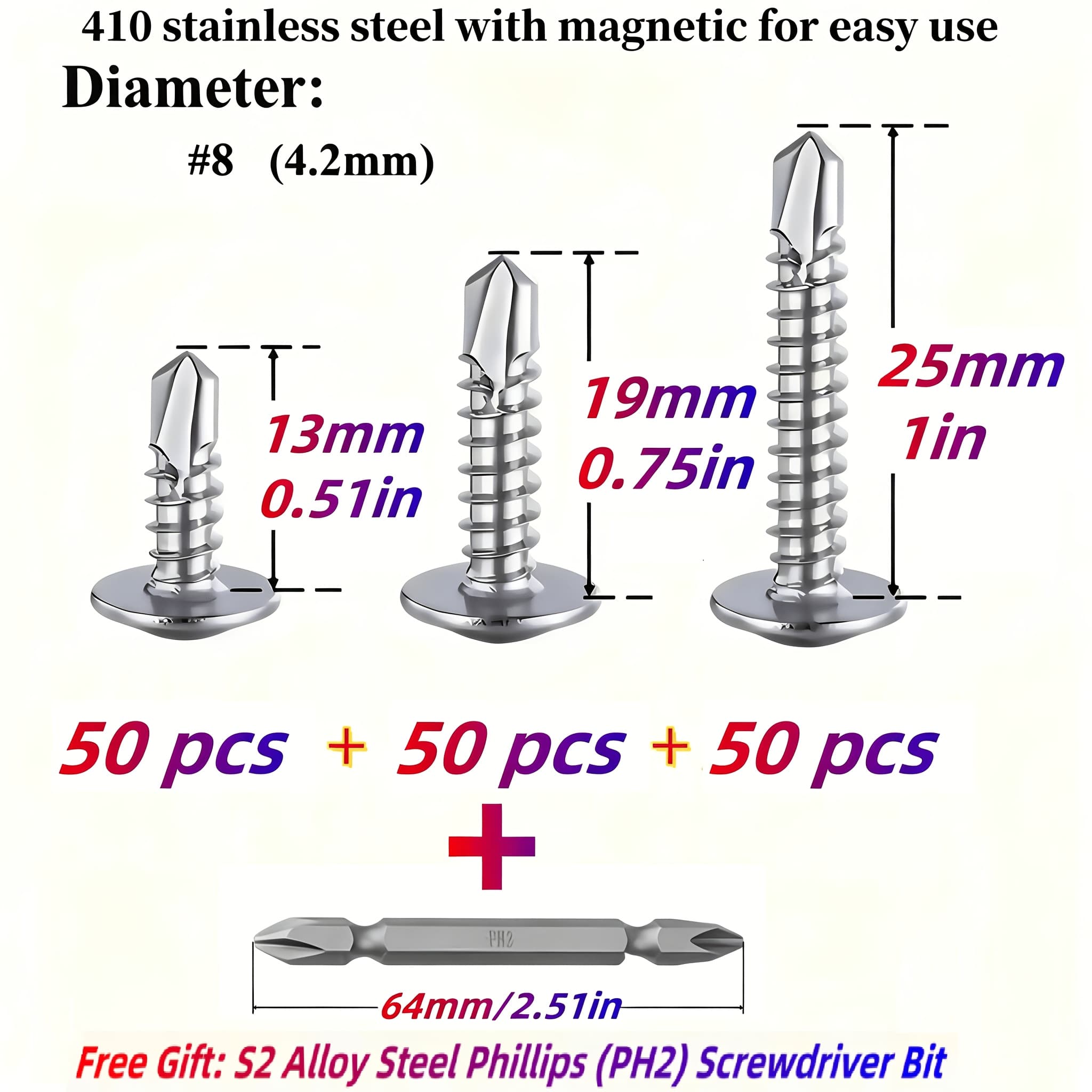 TEMU 150pcs 410 Stainless Steel#8 Self-tapping Kit, Fully Threaded, Truss Head, Phillips Slot, , For Metal, Furniture, Mep, Repair, 3 Length Combinations(1/2in., 3/4in., 1in.), Includes A Free Bit