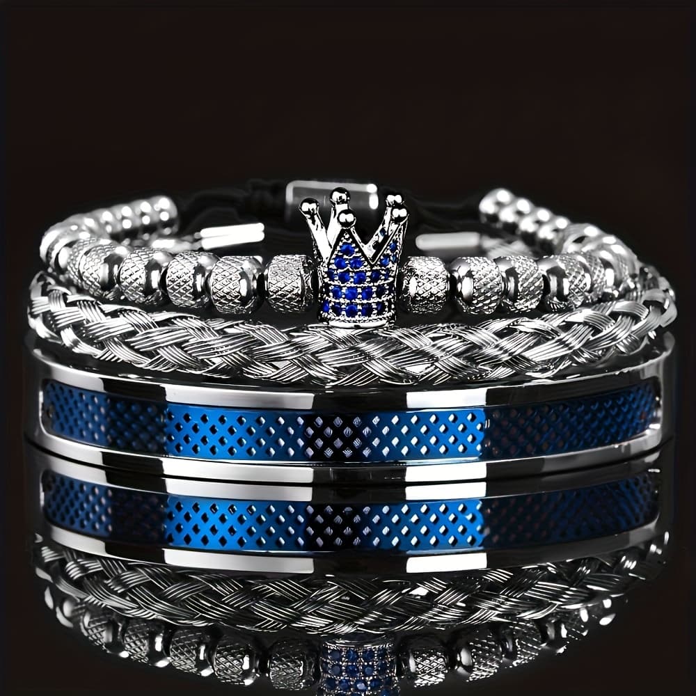 TEMU Luxury Set Handmade Men Crown Bracelets Contrast Colour Bangles Hemp Rope Open 304 Stainless Steel Micro Pave Jewelry