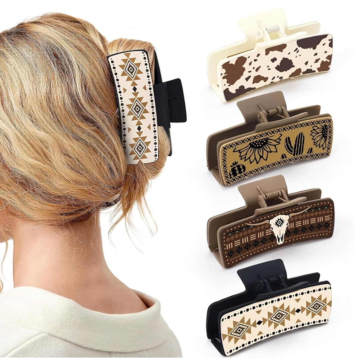 TEMU 4pcs Pu Leather Western Cowboy Style Square Claw Clip Ethnic Print Shark Clip Women's Hair Accessories