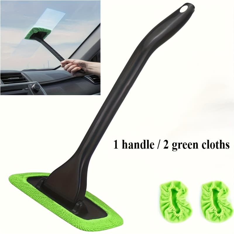 TEMU 3pcs Windshield Cleaning Tool Windshield Cleaning Stick Car Window Cleaner, 2pcs Set Of Reusable Interior Cloth Pads, Cleaning Brush (green)