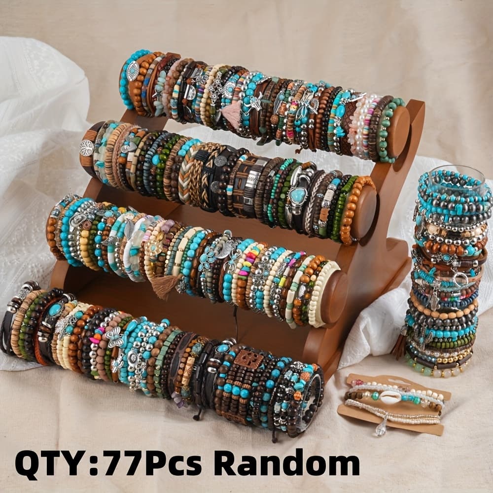 TEMU 5/10/25/48/77pcs Handmade Western Style Wooden Beaded Bracelet Set, Turquoise Beads Bracelets Set With Starfish Cactus Hat Alloy Pendant, Random Color, For Daily Party Jewelry Christmas Gift