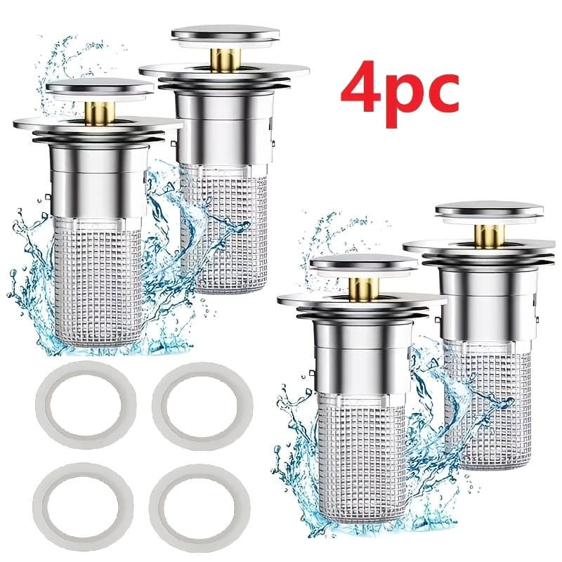 TEMU 4pcs Bath Basin Pop-up Drain Filter With Removable Stainless Steel Filter Basket For Replacing Bath Basin Plugs