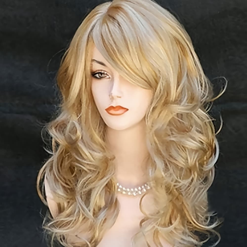 TEMU 1pc European And Versatile Women's Wig, Golden Long Curly Hair, Popular Fluffy Wig