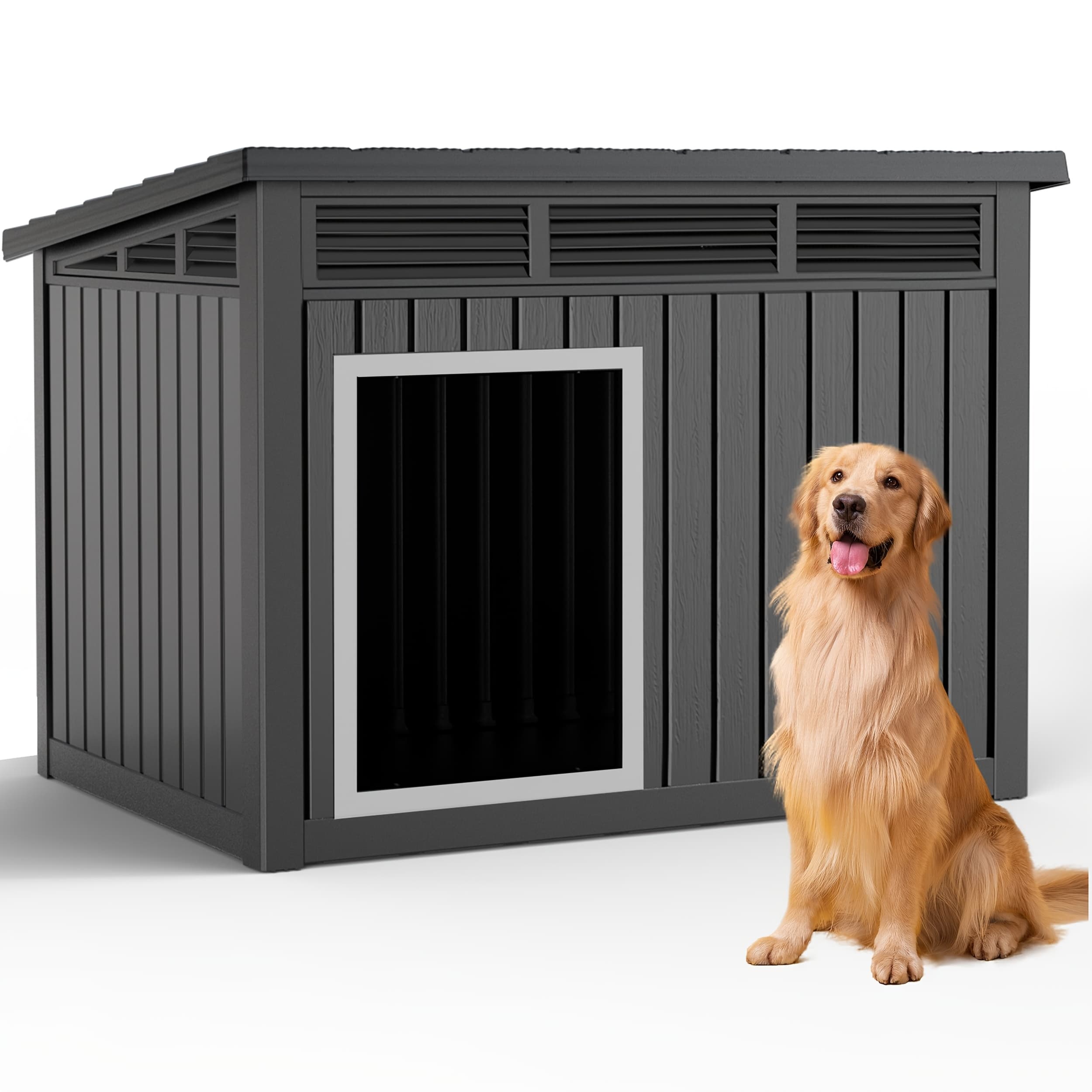 TEMU 42.87"x32.95"x31.61" Slanted Top Doghouse For Large Dogs - Uv-resistant Outdoor Pet Shelter With Ventilation , Easy Assembly, Durable Plastic Construction,, House, Weatherproof ,outdoor Kennel