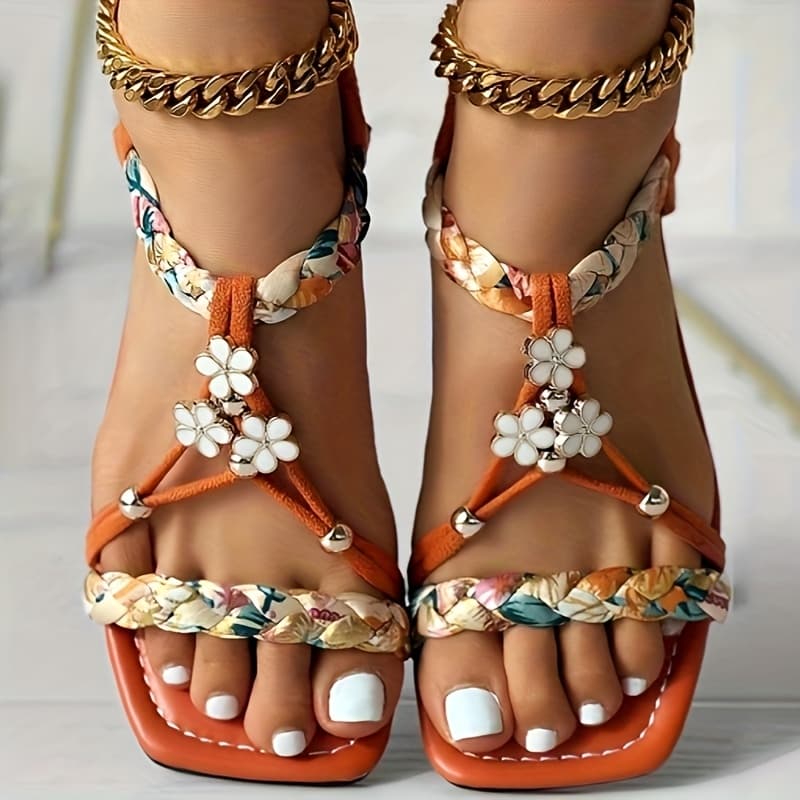 TEMU Boho Flat Sandals For Women 2026 New - Orange Floral Print Braided Elastic Slingback Flower Decor, Trendy Vibrant Everyday Shoes, Best New Year Gift For Mom Student Fast Delivery, Women Shoes
