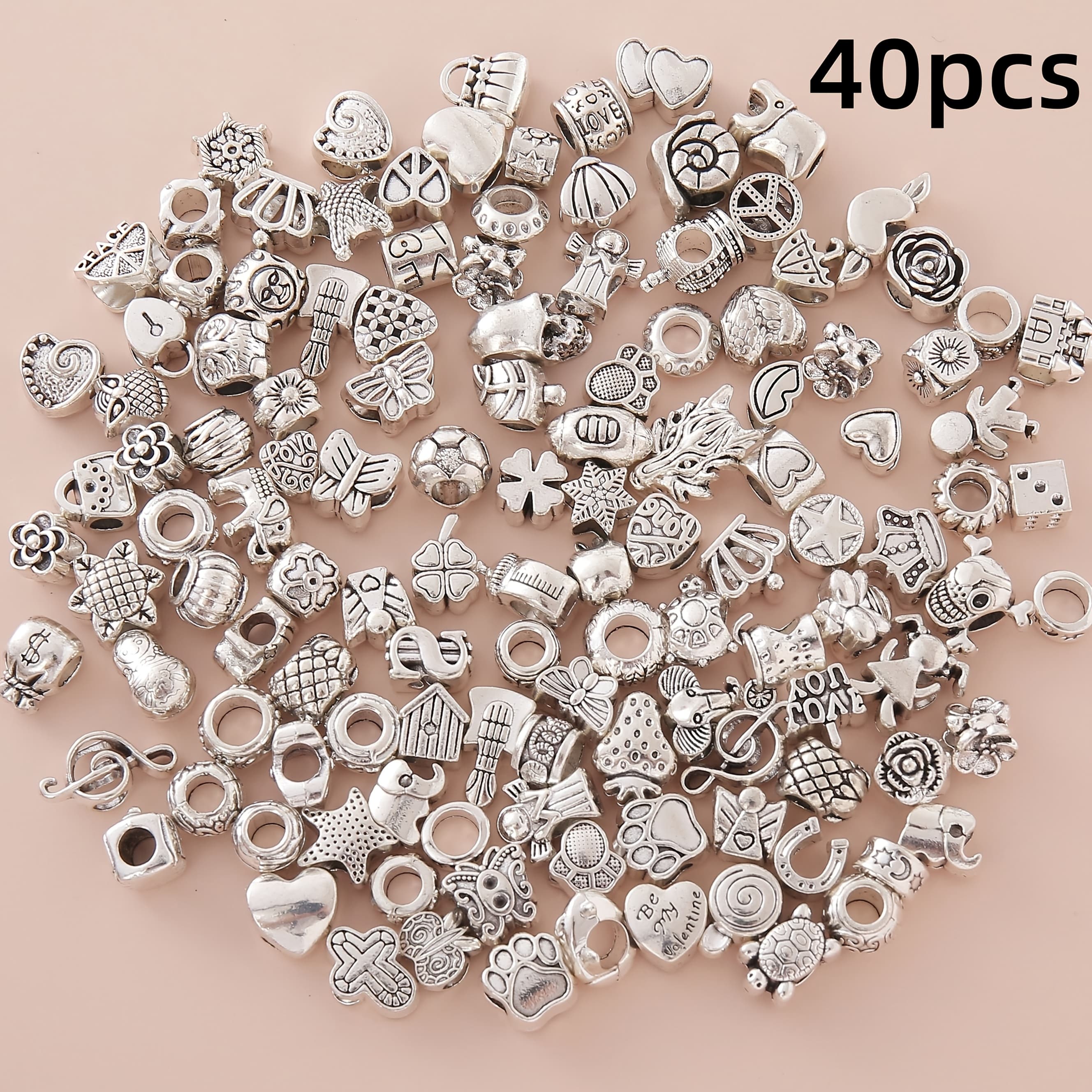 TEMU Random Mix Of 40 Different Styles Of Metal Large Hole Beads, Suitable For Bracelets, Necklaces, Keychains, Mobile Phone Chains, Women's Making Charm, To Create Classic Souvenirs, Gift Designs
