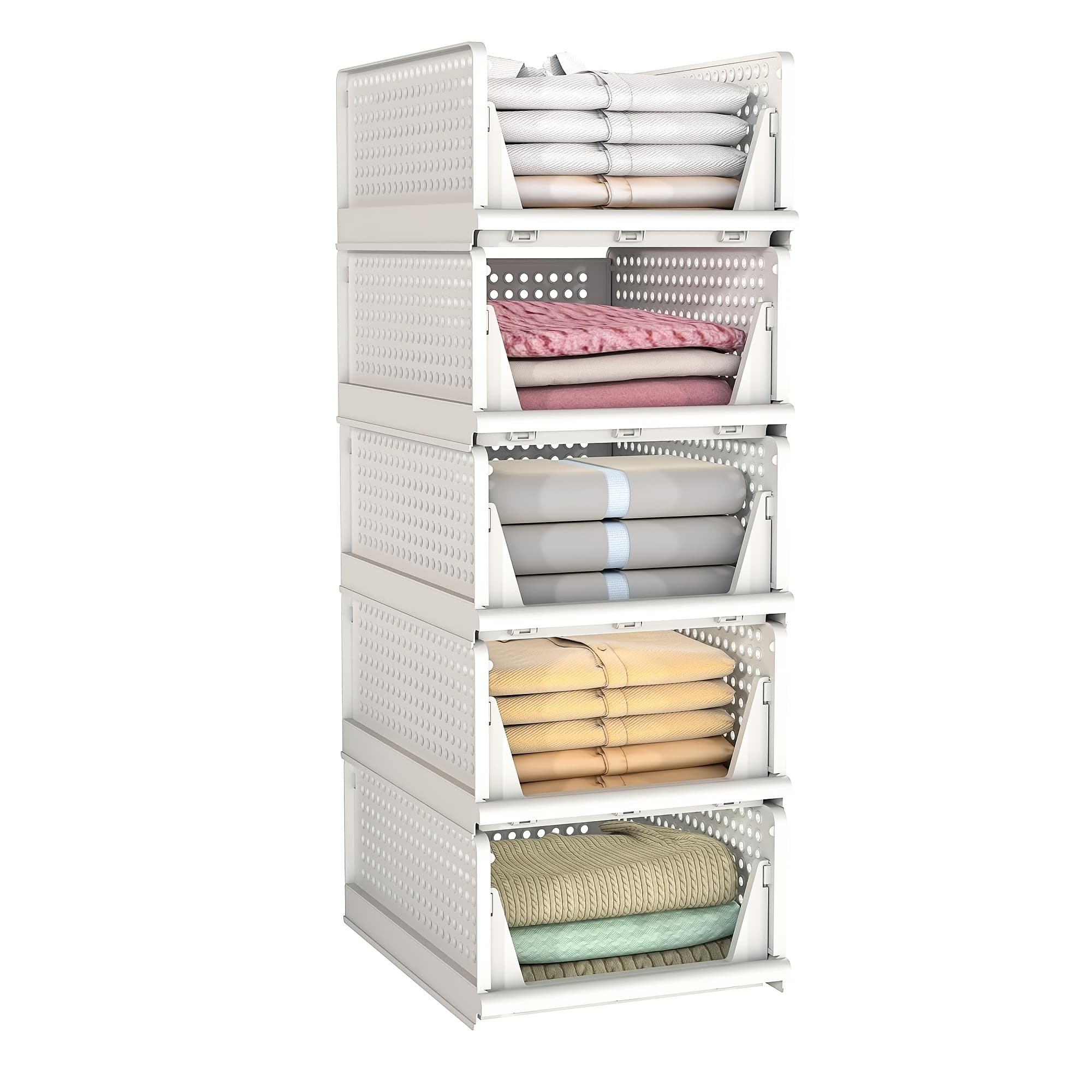 TEMU 5pcs Foldable Large Capacity Storage Rack, Stackable Space-saving Plastic Closet Organizers Box For Clothing, Spice Jars, Food, Cosmetic, Kitchen Organizers And Storage, Shelf Baskets