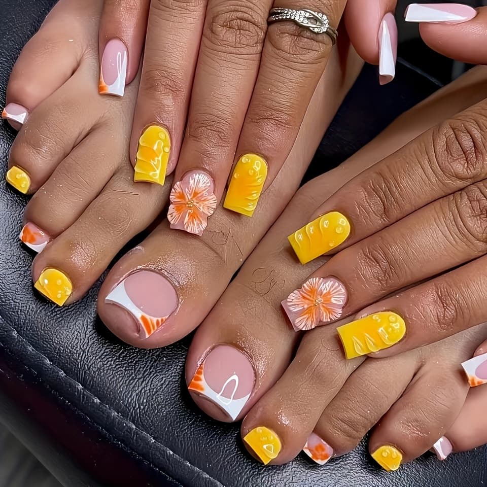 TEMU A Set Of 48 Short Square Hands And Feet Combination False Nails And Orange Petals Refreshing Dew Suitable For All Women And Comes With Nail Polish And Jelly Glue For Easy Pasting And Wearing