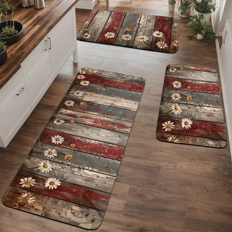 TEMU 1/2/3pcs Farmhouse Wood Grain Jasmine Mat - Soft Flannel Mat With Wood Plank & Jasmine , Non-slip Pvc Backing Suitable, Bathroom, Bedroom, Porch - Machine Washable Easy Clean Modern Rustic Decor