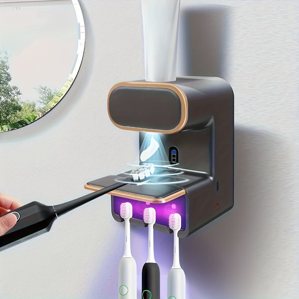 TEMU Intelligent Automatic Toothpaste Dispenser, Wall-mounted, Inductive Design With 3 Toothbrush Slots, Waste-proof Hygienic Dispensing, Space-saving, Suitable For Home Use