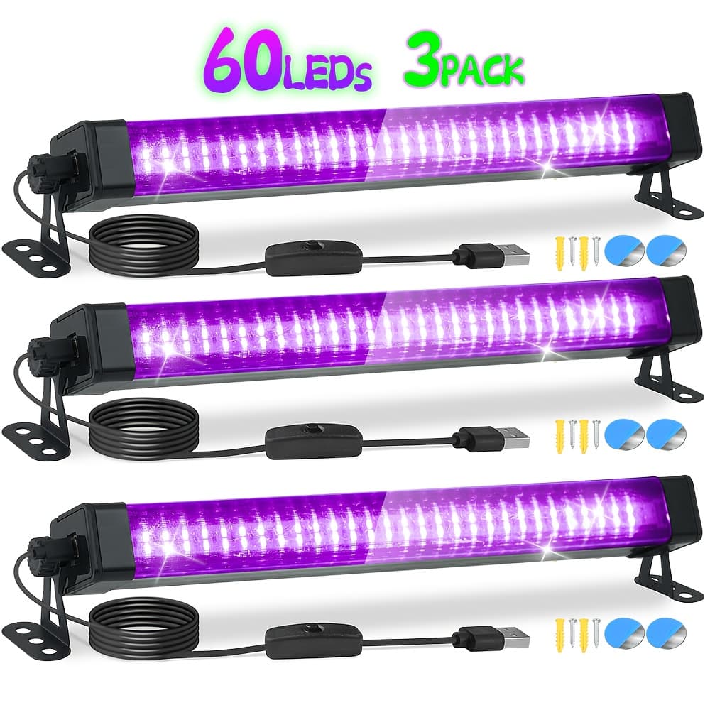 TEMU 3 Pack Adjustable Lighting Angle, Usb 5v Uv Black Light Bar, 60leds, 385-400nm, 33cm/13inch Blacklight For Glow Party, Fluorescent Poster Body Paint Halloween Decorations