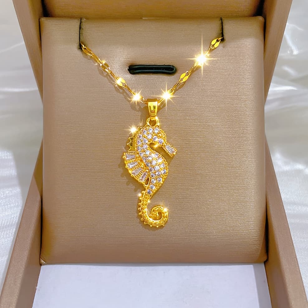 TEMU Golden - Seahorse Pendant Necklace, Ocean - With Sparkling Inlay, Accessory For Daily & Special Occasions.unique Statement Jewelry To Add Sea - Like Wonder, Showcasing Delicate