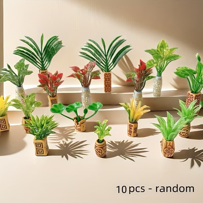 TEMU 10pcs Mini Simulated Potted Plants Floral Arrangements, For Miniature Gardens, Micro Landscapes, And Indoor Decor, Random