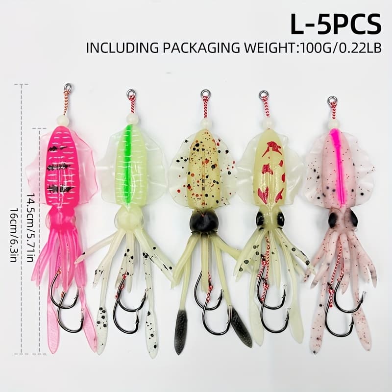 TEMU Set Of 5 Squid Jigs With Hooks Designed For Saltwater Fishing, Featuring Luminous Soft Octopus Skirts And Rigged Bait For Trolling