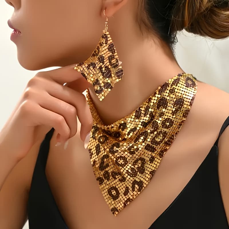 TEMU Elegant Retro Leopard Print Necklace And Earrings, With Flash And Metal Faux Collar, Ladies Jewelry, Party Occasion Gift.