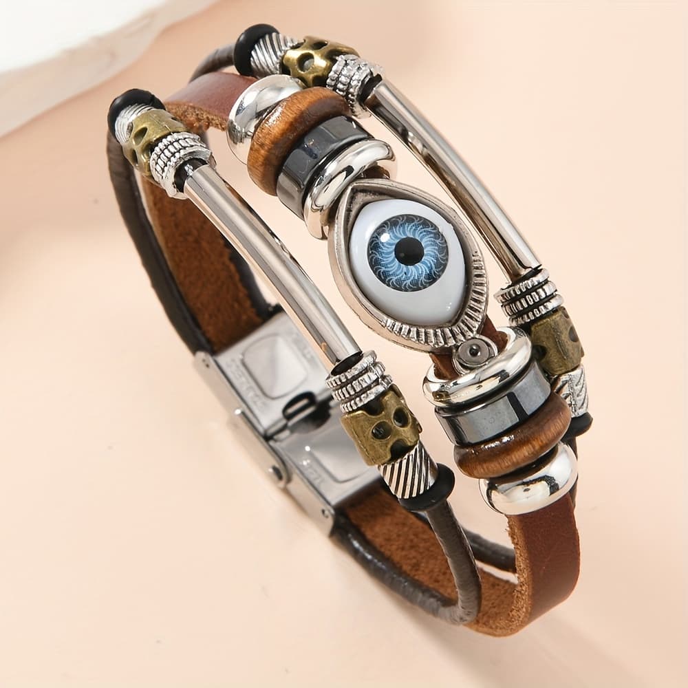 TEMU Individual Beaded Retro Style Genuine Leather Bracelet, Evil Eye Women's Bangle Couple Wristband