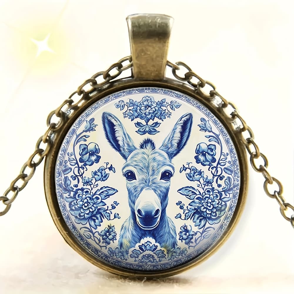TEMU Elegant And Fashionable Donkey, Blue And White Elegant, Pendant Necklace Keychain- Simple Round Design, Bright Colors, Ideal Romantic Gift Jewelry