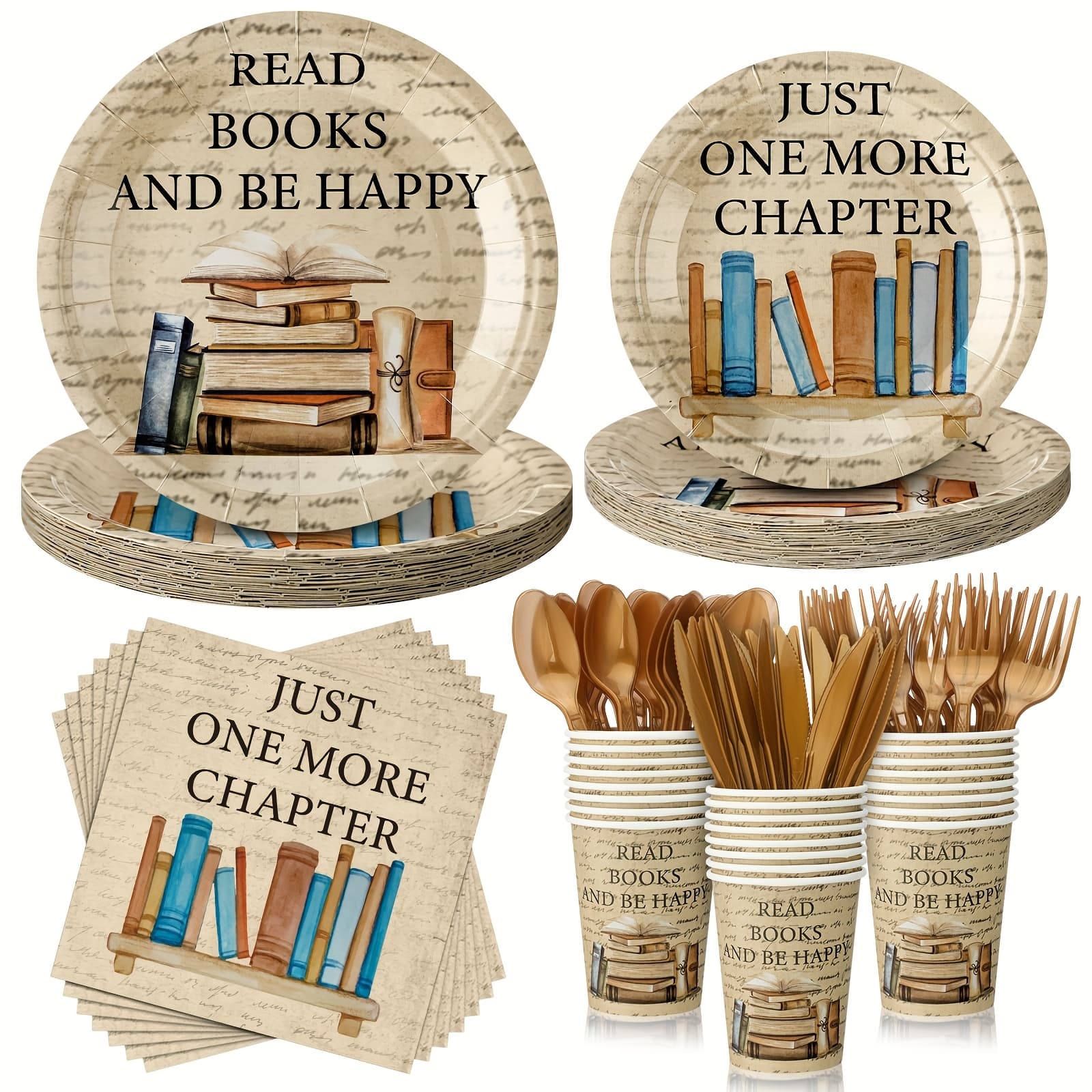 TEMU 168 Pcs Vintage Book Theme Party Tableware Book Club Birthday Party Supplies Library Reading Themed Plates Napkins Cups And Forks Set For Birthday Reading Tableware Supplies, Serve 24