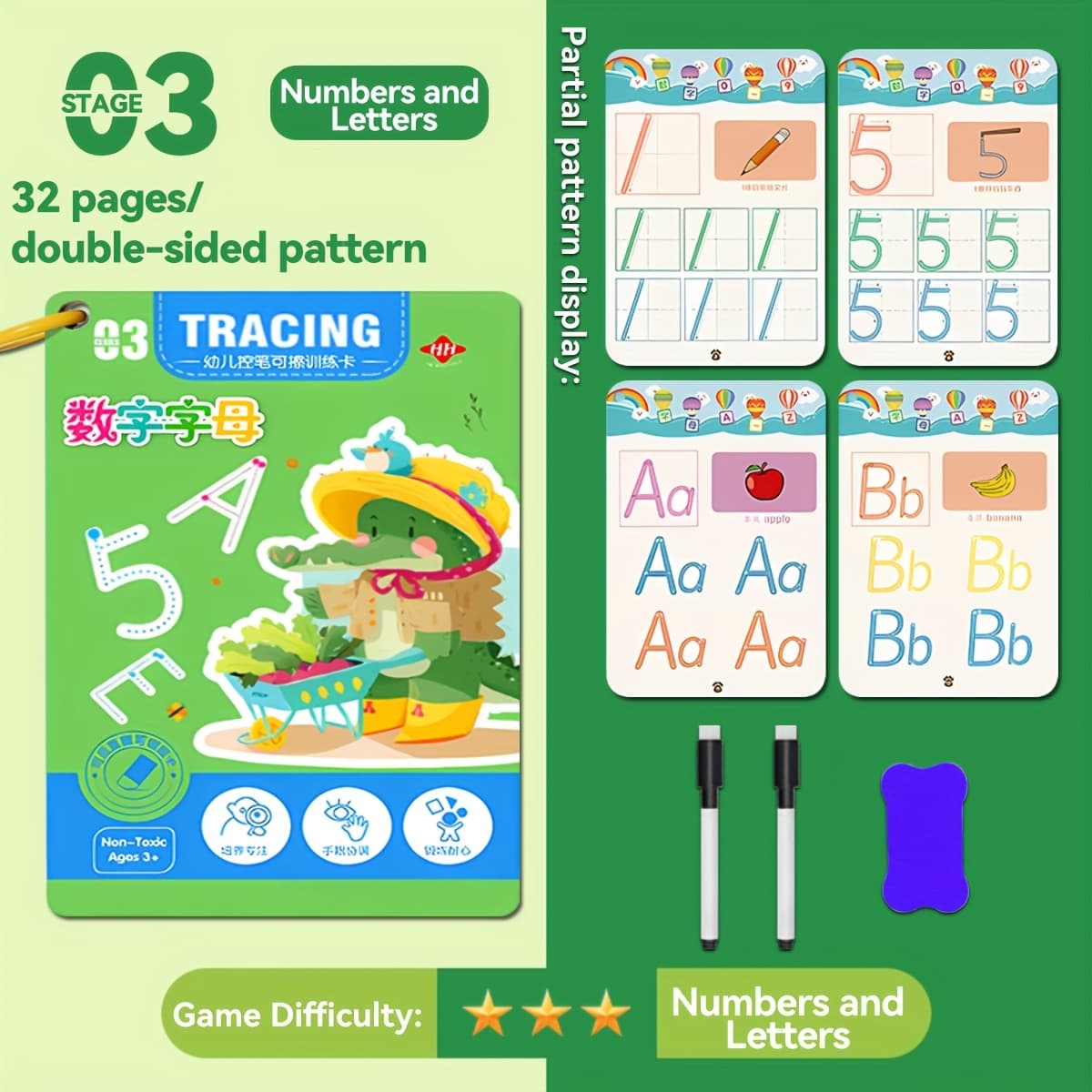 TEMU Pen Control Training, Copybook Set, Number And Letter Writing Practice - Reusable Pen Control Practice Copybook