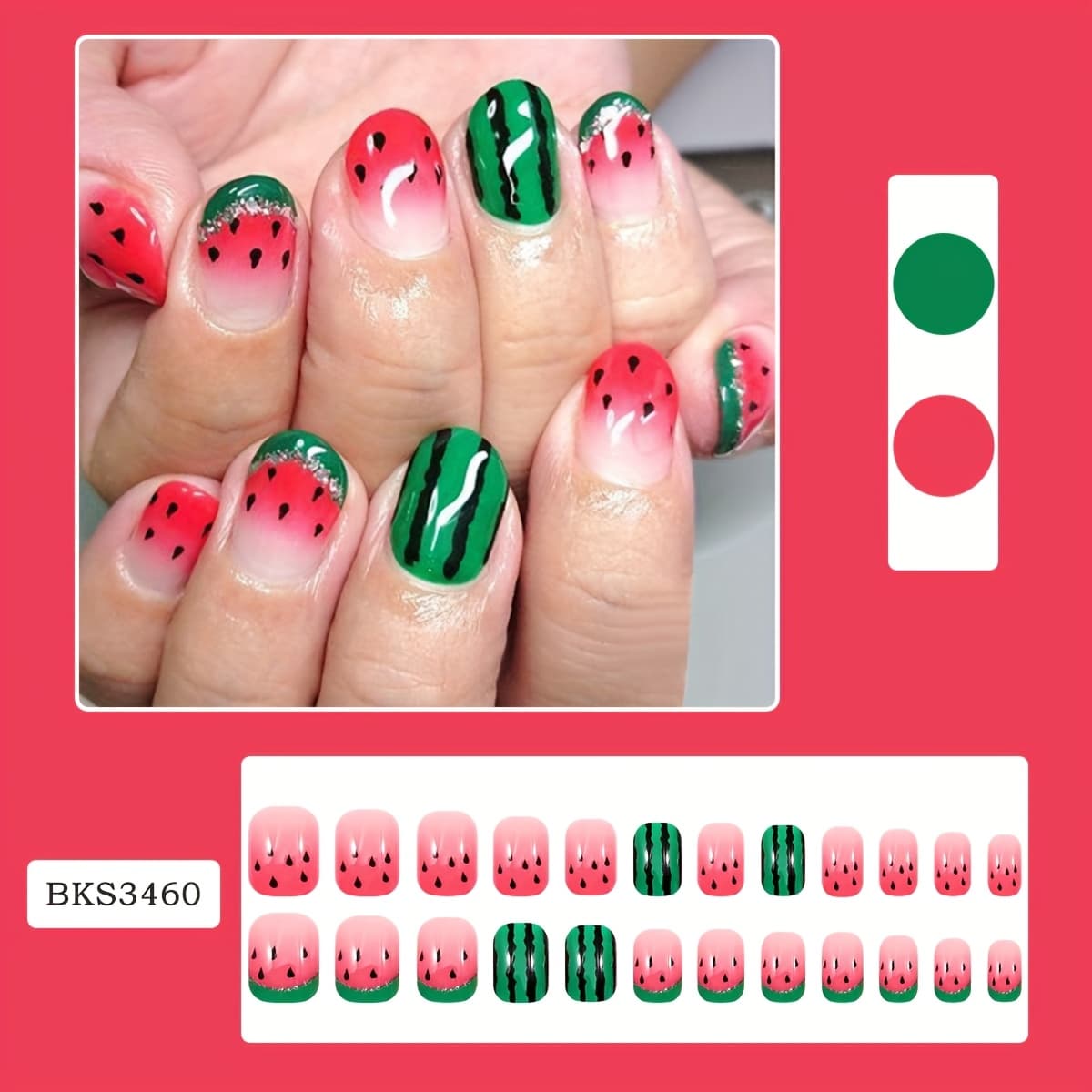 TEMU 24pcs Cute Watermelon Short Nails Reusable False Nails With Gradient & Glitter