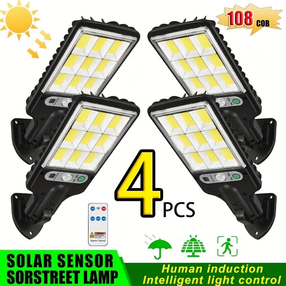 TEMU 2/4 Pack, Outdoor Solar Light With Remote Control Led Wall Light 108cob , 3 Lighting , Intelligent Dimming Ip44 Human Body Sensing Courtyard Light Suitable For Garden, Garage, Terrace Lights