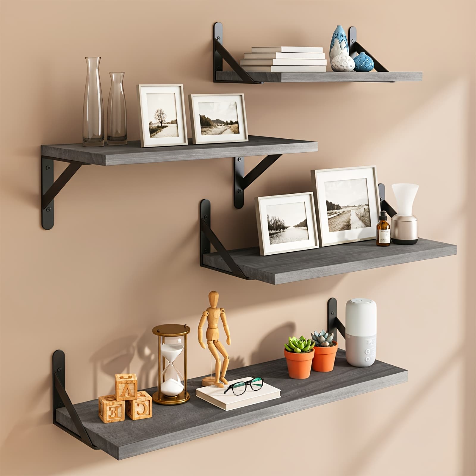 TEMU Tomnk 4pcs Grey Floating Shelves, With 11.4*6.1in & 14.2*6.1in & 16.5*6.1in, Rustic Wood Wall Decor, Heavy Duty Shelves, For Room Decor, Bathroom Storage And Accessories, Living Room, Kitchen