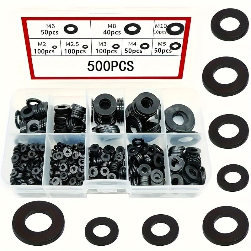 TEMU 500pcs Black Nylon Flat Washer Assortment Kit, M2-m10 O-rings Spacer Assortment Kit, Perfect Electrical Connections For Household And Commercial Appliances