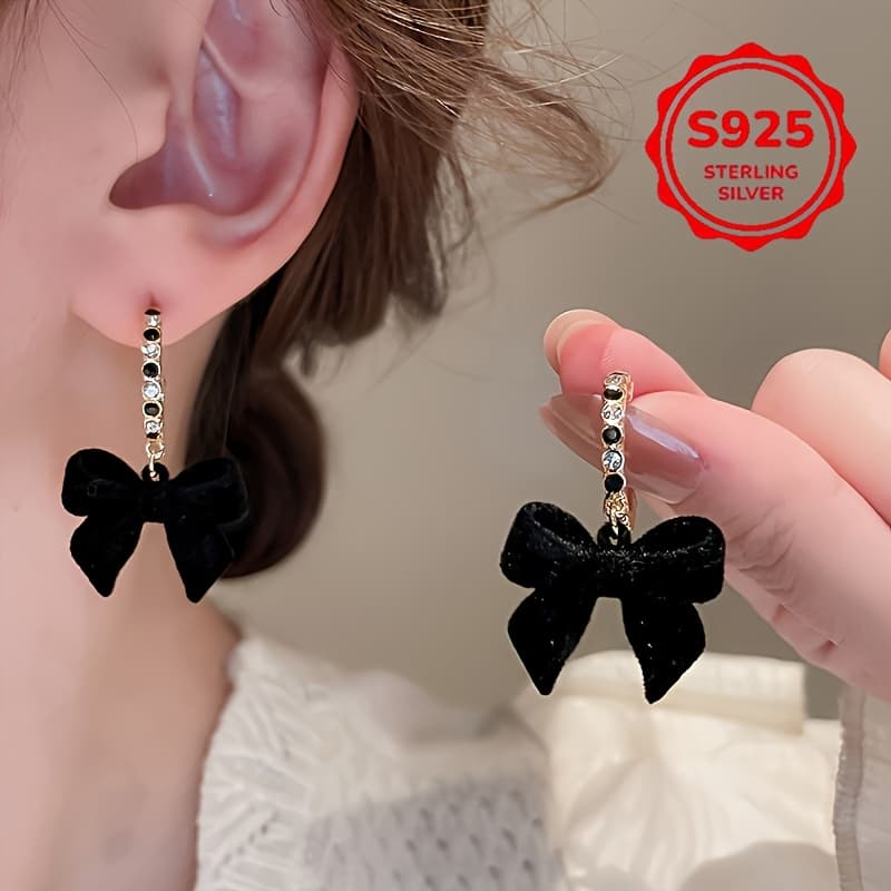 TEMU 1 Pair Of Elegant Vintage Black Velvet Bow Earrings, Classic Jewelry, Ideal For Gifting