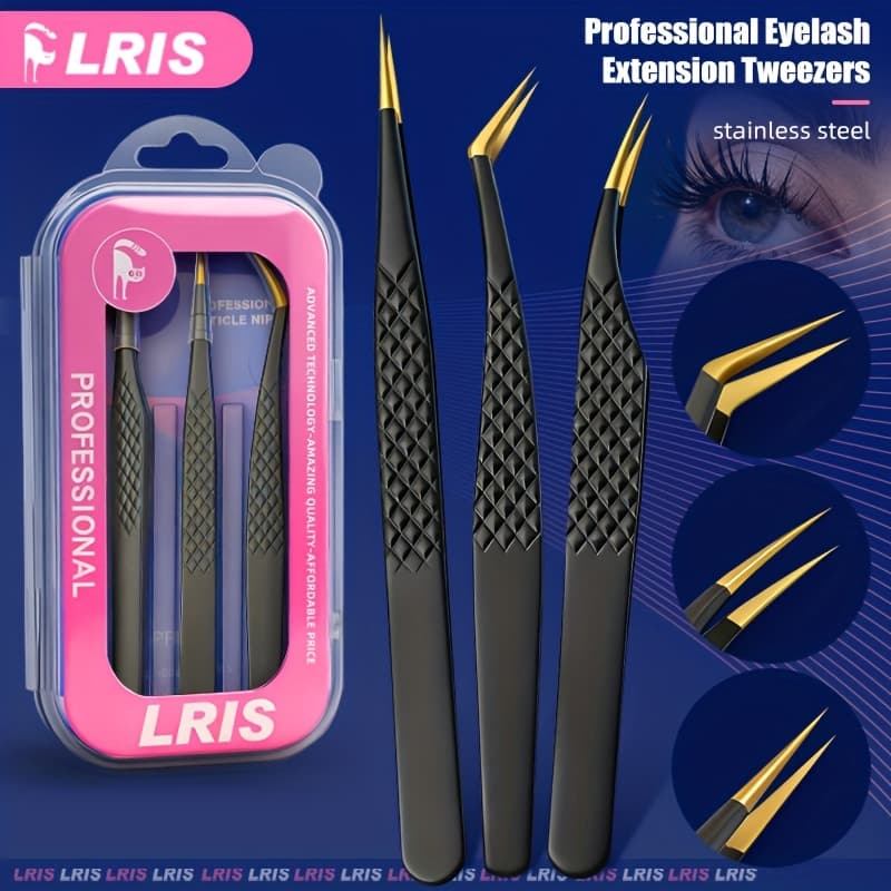 TEMU Brand 3pcss Eyelash Extension Tool Set, Black Non-slip Tweezers Tip Design, Curved Dolphin 3pcs Tweezers Set, Precision Tweezers For Eyelash Artists, Eyelash Placement Tool