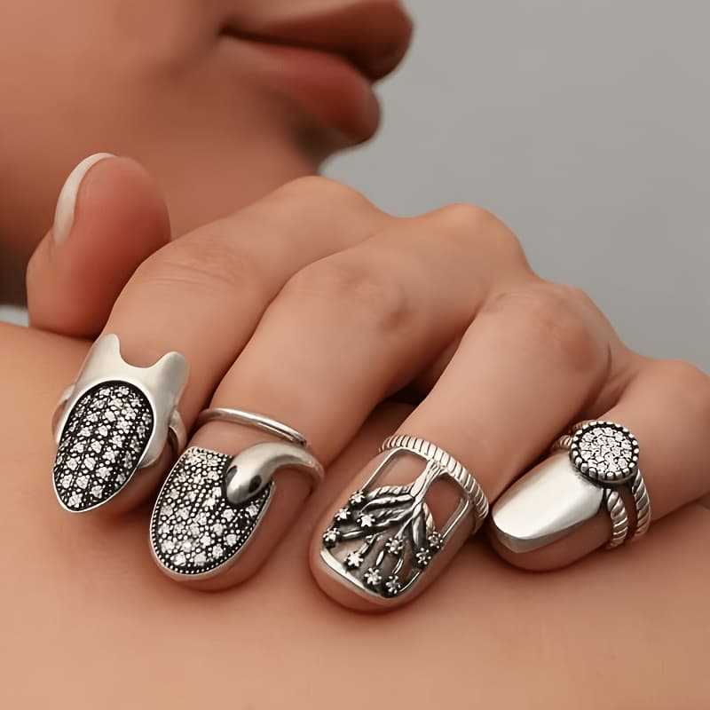 TEMU 4pcs Bohemian Vintage Nail Rings For - Adjustable Opening Suitable For Daily Wear, Parties, Valentine' Gifts, Elegant Nail, Retro For Nail Decorations