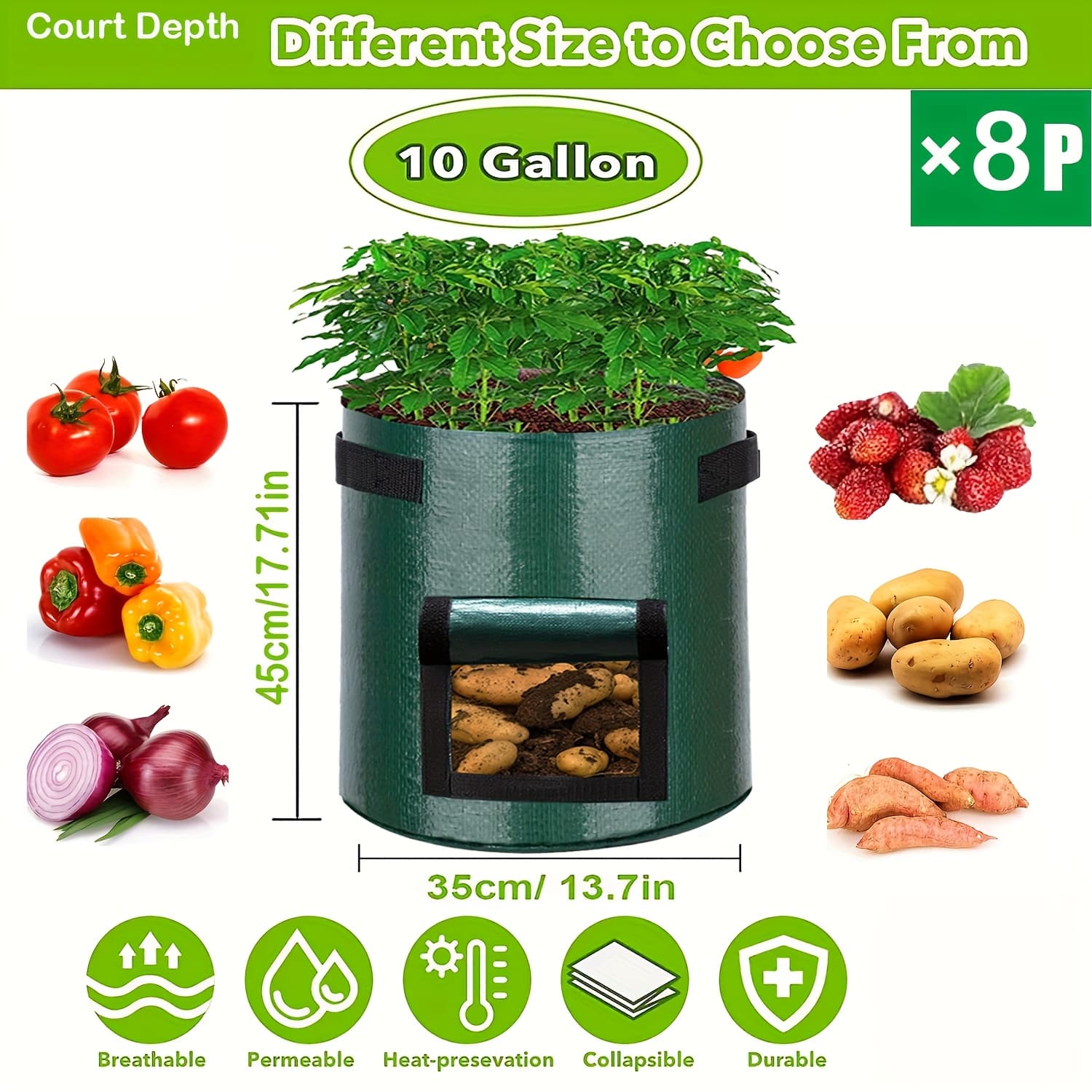 TEMU 8 Packs 1/3/5/7/10 Gallon & Jumbo 7/10 Gallon Potato Grow Bags | Heavy-duty Pe Plant Pots With Access Flap & Durable Handles For Vegetables, , Indoor/outdoor Use, Brand