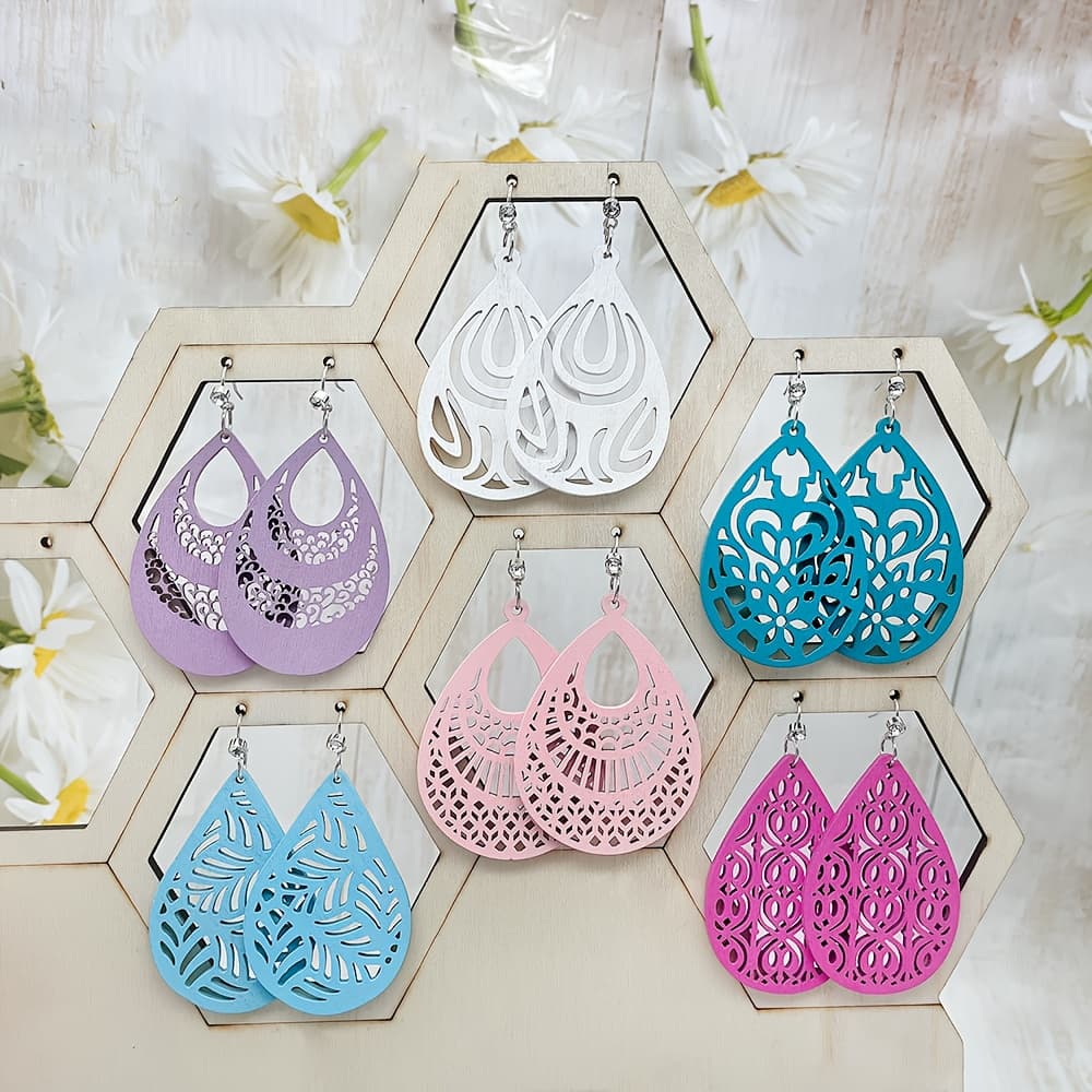 TEMU 6 Pairs/set, Fashionable And Colorful Ethnic Style Wooden Hollow Pendant Earrings With Elegant , Dopamine Color Matching, Spring-summer Holiday Earrings, Suitable For