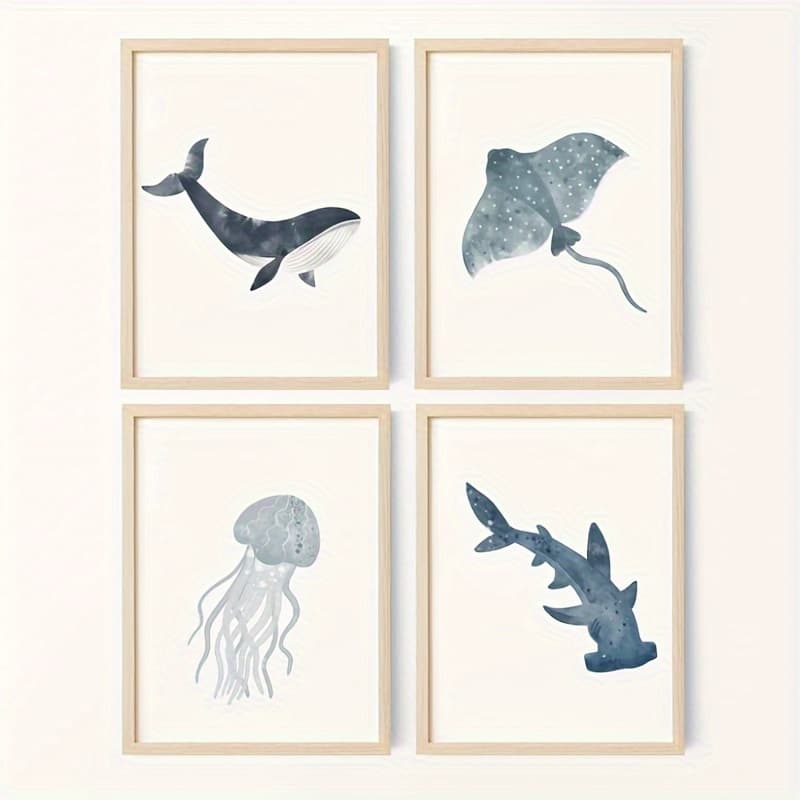 TEMU 4pcs 2d Flat Frameless Marine Printing Art Set, Dolphin, Shark, Jellyfish And Sea Fan Watercolor Paper Printing, Suitable For Room Decoration 8 * 10 Inches, 2d Flat, Room Decor