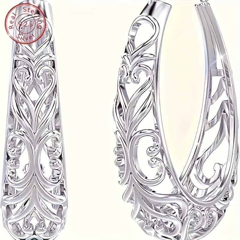 TEMU Mm Wide Sterling Silver Oval Hollow Flower Earrings, Halloween, Valentine's Day, Christmas, Autumn And Winter Universal Match, Gift Box