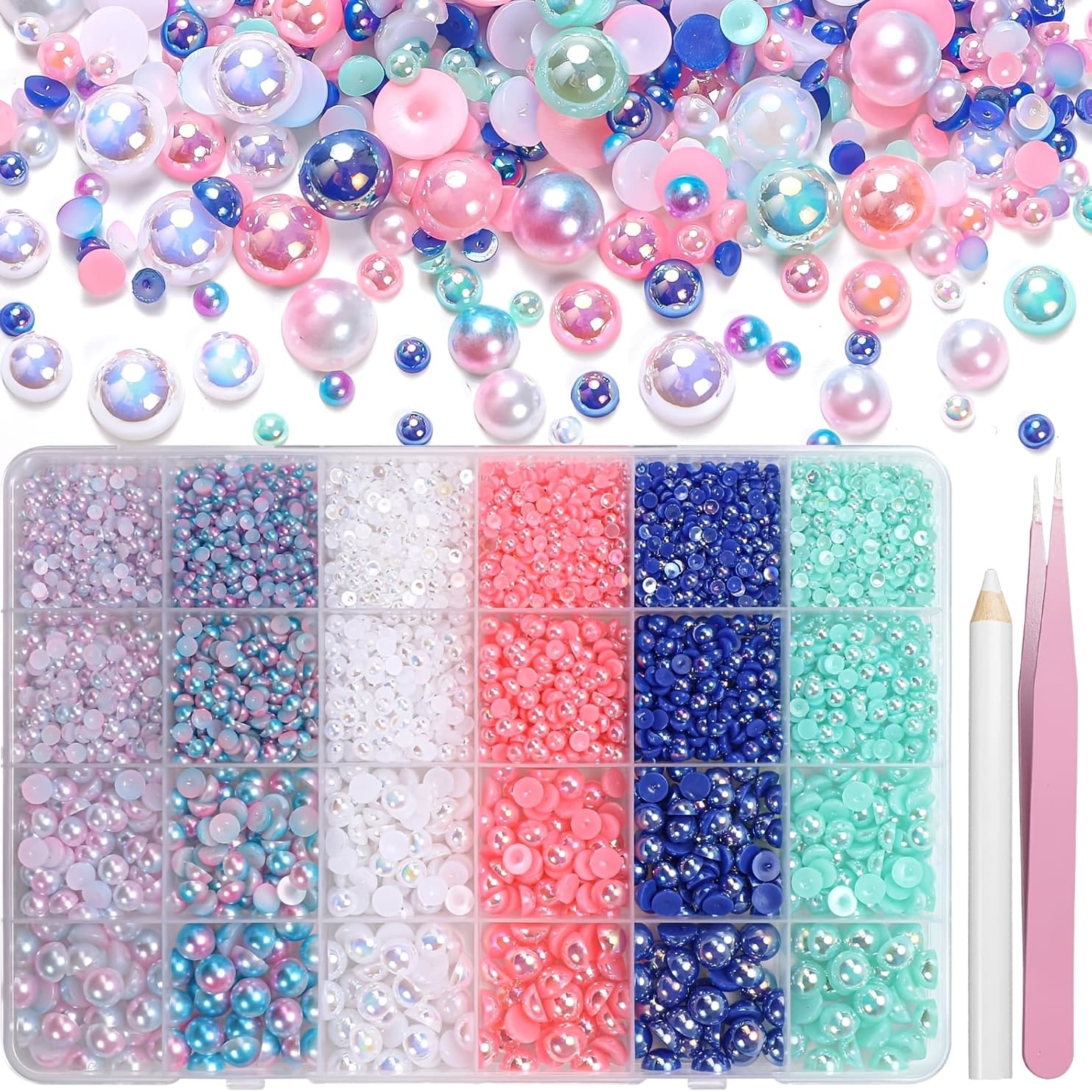 TEMU 9000pcs Flatback Pearls For Crafting, Blue Green Pink White Half Pearls Beads, 3-8mm Color Half Round Abs Flatback Pearl Beads Gems Bedazzling For Nails Art Crafts Shoes Clothes