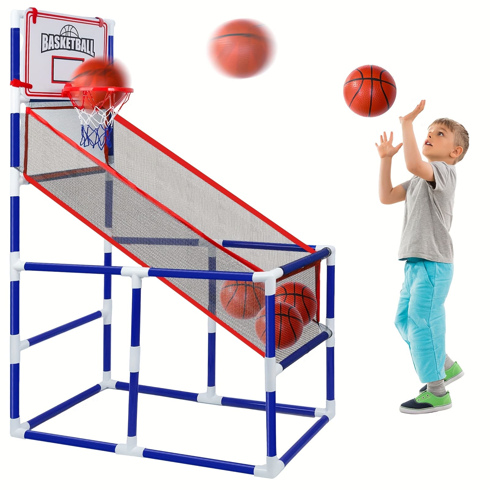 TEMU Kids Arcade Basketball Game Set With 4 Balls And Hoop For Kids Over 3 Years Old Indoor Outdoor , Air Pump Included, & Birthday Gift For