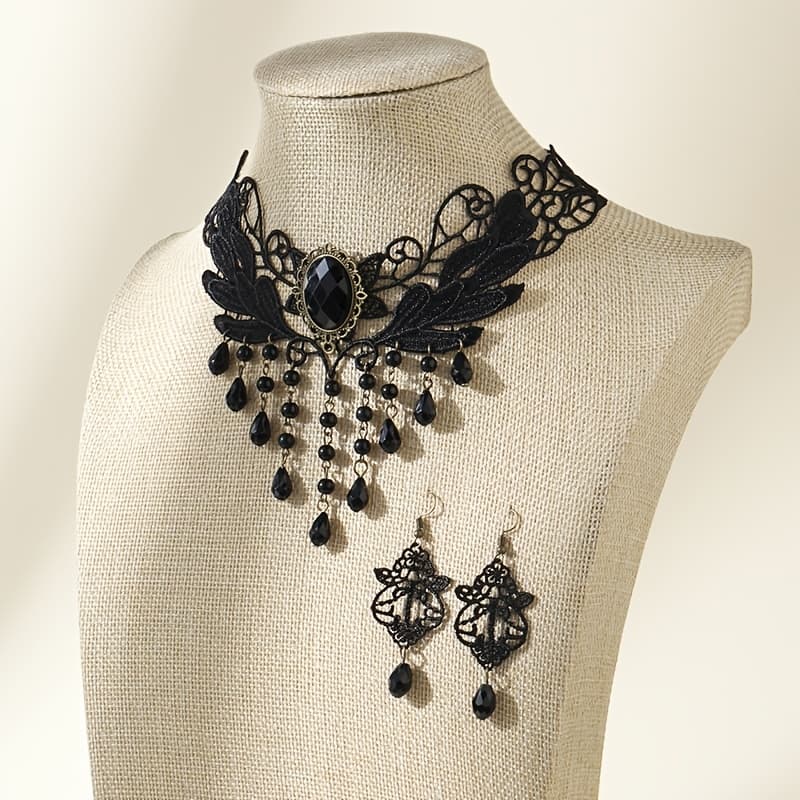 TEMU 3pcs Gothic Court And Sweet Lace Neck Necklace Earrings, Black Set With Elegant Party Temperament, Role-playing Stage, , Matching Jewelry Necklace, Women's Holiday Gift Dressing